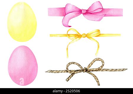 Aquarelle oeufs de pâques et arcs faisceau isolé sur fond blanc. Ensemble clipart de vacances religieuses dessiné à la main pour cartes de voeux, invitations Banque D'Images