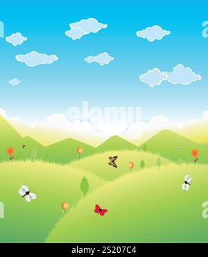 Beau paysage avec des arbres, des fleurs et des papillons pour vos idées. SPE 10 Illustration de Vecteur