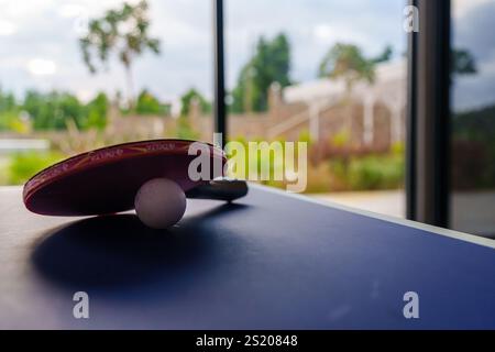 Une raquette de tennis de table et une balle installée sur une table bleue, prête pour une partie de ping-pong. Banque D'Images