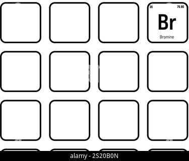 Brome, BR, élément de table périodique avec nom, symbole, numéro atomique et poids. Halogène à diverses utilisations industrielles, comme dans les retardateurs de flamme, la purification de l'eau, et comme fumigant dans l'agriculture. Illustration de Vecteur