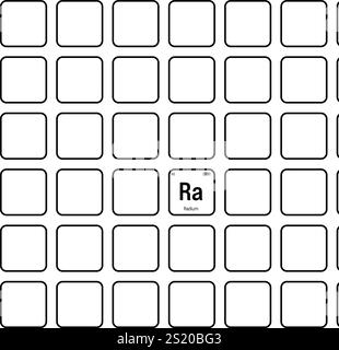 Radium, Ra, élément de table périodique avec nom, symbole, numéro atomique et poids. Métal alcalin de terre aux propriétés radioactives, autrefois utilisé en thérapie médicale et comme composant de certains types de peinture. Illustration de Vecteur