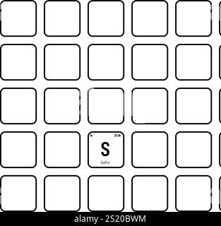 Soufre, S, élément de table périodique avec nom, symbole, numéro atomique et poids. Non métalliques à diverses utilisations industrielles, comme dans les engrais, certains types de médicaments et comme composant de certains types d'explosifs. Illustration de Vecteur