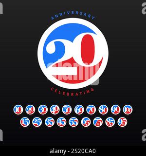 Rouge vif, bleu rond design anniversaire avec des numéros de 10 à 100, découpé dans l'espace négatif du cercle pour la marque et le design de l'événement d'anniversaire Illustration de Vecteur
