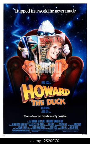 Légende : Howard the Duck (1986) réalisé par Willard Huyck et mettant en vedette Lea Thompson, Jeffrey Jones et Tim Robbins. Un canard humanoïde sarcastique est tiré de son monde natal à la Terre où il doit arrêter une invasion extraterrestre avec l'aide d'un scientifique nerdy et d'une chanteuse de rock en difficulté. Photographie d'une affiche originale américaine d'une feuille de 1986 ***USAGE ÉDITORIAL SEULEMENT***. Crédit : BFA / Universal Pictures Banque D'Images