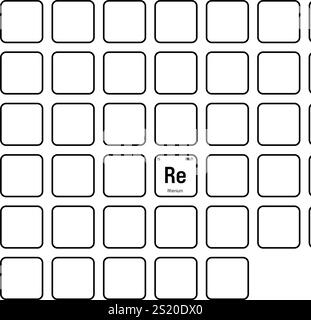 Rhénium, Re, élément de table périodique avec nom, symbole, numéro atomique et poids. Métal de transition à diverses utilisations industrielles, comme dans les superalliages, les contacts électriques et comme catalyseur dans certaines réactions chimiques. Illustration de Vecteur