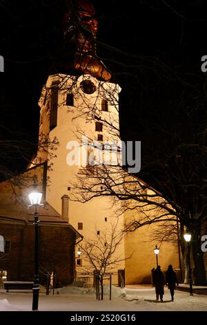 Au milieu de la douce neige qui tombe, l'église du Dôme de Tallinn brille sous le ciel nocturne, un phare intemporel de l'architecture gothique et du charme historique Banque D'Images