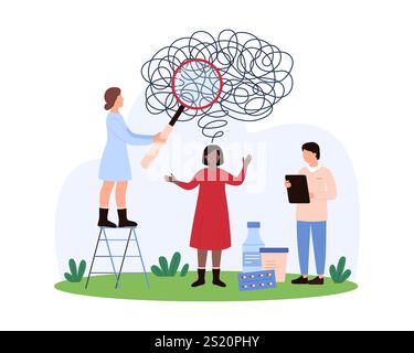 L'équipe médicale traite de la santé mentale, en utilisant une loupe pour examiner les pensées enchevêtrées au-dessus de la tête d'un patient. La scène présente des pilules, des bouteilles et une illustration vectorielle de presse-papiers Illustration de Vecteur