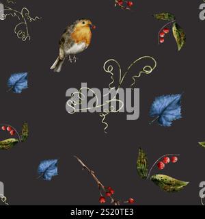Élégant motif sans couture. Aquarelle oiseau mignon robin, feuilles bleues, brindilles de rowan sur un fond noir, illustration isolée pour textile, papier peint, vaisselle ou toute conception, oiseaux avec motif floral Banque D'Images