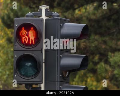 Fin de la lumière rouge pour la piste cyclable et la chaussée. Coexistence dans le trafic routier Autriche Banque D'Images