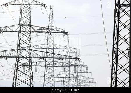 Beaucoup de pylônes d'une ligne électrique. Pylônes à haute tension devant le ciel ouvert Autriche Banque D'Images