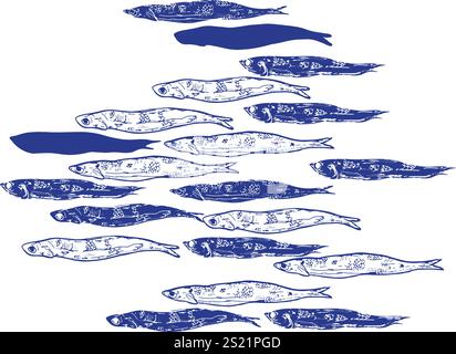 Illustration de sardines dessinées à la main sur fond blanc Illustration de Vecteur