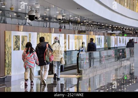 Pékin, Chine. 4 janvier 2025. Les passagers passent par un « corridor artistique » à l'aéroport international de Pékin Daxing, à Pékin, capitale de la Chine, le 4 janvier 2025. Crédit : Li Xin/Xinhua/Alamy Live News Banque D'Images