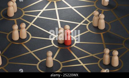 Illustration 3D de pions reliés entre eux par de nombreuses lignes reden. Social connections concept.rendu 3D sur fond noir. Banque D'Images