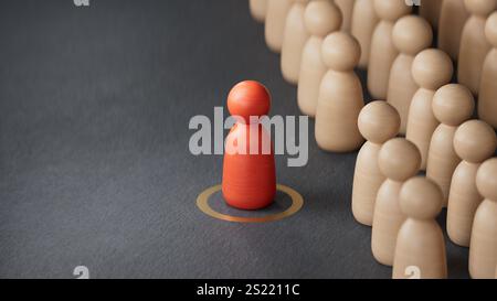 Illustration 3D de pions avec l'un d'entre eux au centre d'une cible. Talent Scouting concept.rendu 3D sur fond noir. Banque D'Images