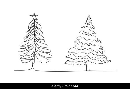 Dessin en ligne continu de sapin de noël bonhomme de neige avec décoration concept d'art d'une ligne de l'hiver Illustration de Vecteur