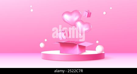 Composition romantique rose avec affichage de podium circulaire - ballons en forme de coeur flottant de la boîte ouverte, cadeaux enveloppés avec des arcs, sphères dispersées autour de la scène pastel. Présentation de la Saint-Valentin. Illustration de Vecteur