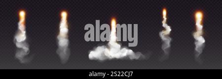 Effets de fumée de lancement de fusée avec traînées de flamme brillantes - panaches d'échappement blancs dynamiques, courants de poussée éclairés vers le haut, particules de feu brûlantes. Décollage d'engins spatiaux et éléments visuels d'exploration spatiale. Illustration de Vecteur