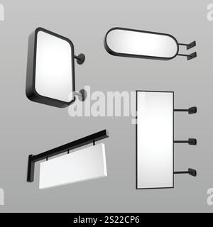 Ensemble de maquette de signalisation murale avec présentoirs vierges modernes - cadres de visionneuse rectangulaires, ovales et horizontaux. Design minimaliste épuré de supports en métal noir et de panneaux lumineux blancs pour la marque. Illustration de Vecteur