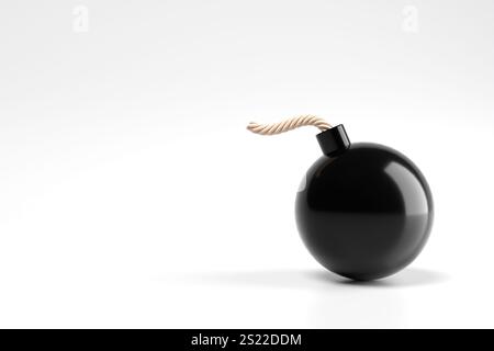 Bombe noire avec un fusible sur fond blanc symbolise le danger, le risque et l'explosion potentielle. Rendu 3D. Banque D'Images