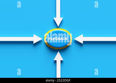 Concept de feedback client, client ou utilisateur. Bouton bleu avec texte de retour entouré de flèches blanches pointant vers lui sur fond bleu. rendu 3d. Banque D'Images