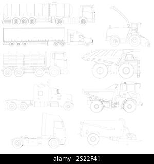 Collection de dessins de différents types de camions. Les dessins sont tous en noir et blanc et sont étiquetés avec le type de chariot qu'ils représentent. Si Illustration de Vecteur