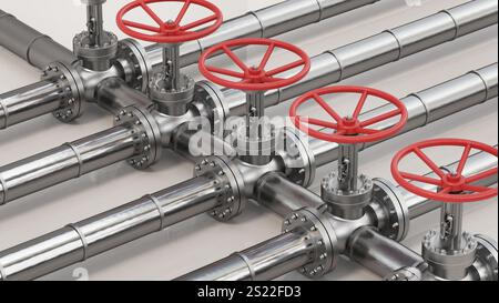 Robinets-vannes en acier inoxydable connectés à la canalisation. Illustration 3D. Banque D'Images