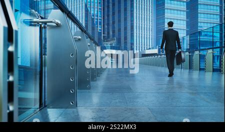 Homme d'affaires transportant une mallette marchant sur un pont entre les immeubles de bureaux modernes. Rendu 3D. Banque D'Images