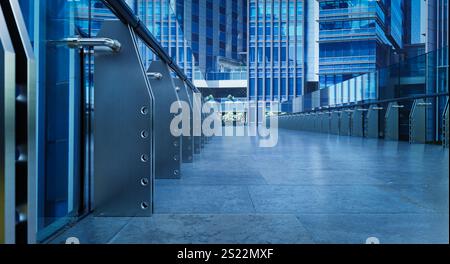 Passerelle moderne vide avec des mains courantes en acier reliant deux immeubles de bureaux futuristes dans le quartier des affaires aux tons bleus. Rendu 3D. Banque D'Images