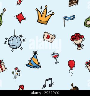 Modèle sans couture vectoriel lumineux avec les attributs d'un jour férié, anniversaire, fête, carnaval. Arrière-plan répétitif modifiable Illustration de Vecteur