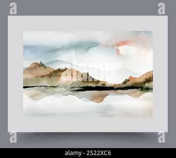 Les montagnes pittoresques sur la rive du lac se reflètent dans l'eau le matin chaud d'été. Décoration aquarelle Illustration de Vecteur