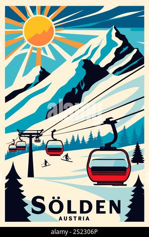 Solden, Autriche affiche de voyage de ski dans un style rétro Illustration de Vecteur