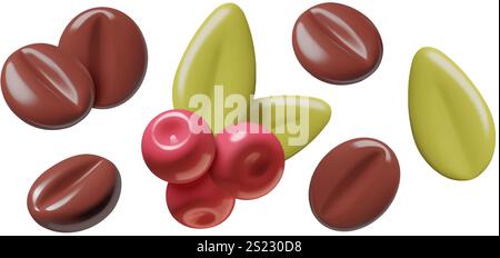 Grains de café torréfiés cerises et feuilles vertes 3d éléments de conception ensemble Illustration de Vecteur