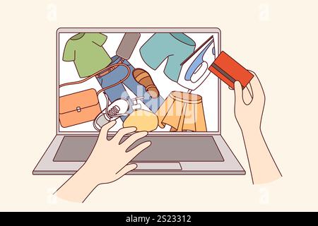 Mains personne engagée dans les achats en ligne et la commande de vêtements via internet, grâce à la carte de crédit. Shopaholic utilise l'ordinateur pour les achats en ligne avec la livraison à la porte et le gain de temps sur aller au magasin Illustration de Vecteur
