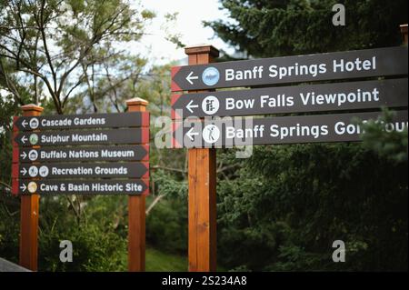 Banff, Alberta, Canada - 25 août 2024 : panneaux pour les attractions de Banff Banque D'Images