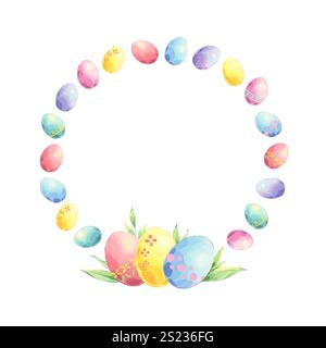 Aquarelle cadre rond de pâques d'oeufs colorés isolé sur fond blanc. Couronne de printemps dessinée à la main avec des feuilles vertes fraîches. Parfait pour les invitations Banque D'Images