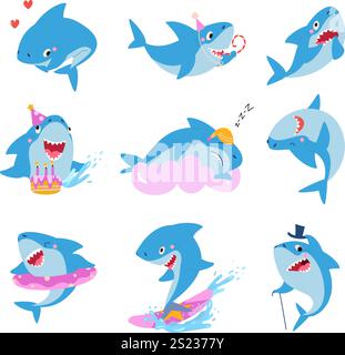 Dessins animés de requins drôles. Requin mignon diverses émotions, activités de prédateur de la mer de l'océan. Personnages sauvages de la vie sous-marine, mascottes enfantines isolées de nos jours Illustration de Vecteur