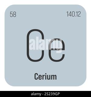 Cérium, ce, élément de table périodique avec nom, symbole, numéro atomique et poids. Métaux terreux rares à diverses utilisations industrielles, comme dans les convertisseurs catalytiques, les agents de polissage et comme composant de teintes plus légères. Illustration de Vecteur
