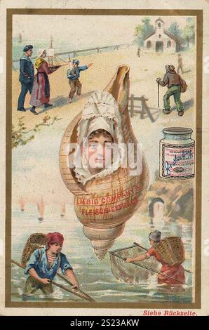 Situations de série d'images au bord de la mer, coquillage, pêcheur, église de marin, Liebigbild, reproduction numérique restaurée d'une image collective datant d'environ 1900, domaine public, date exacte inconnue, Un enfant apparaît dans une coquille près de la rivière tandis que des gens marchent le long du rivage, Bilderserie Situationen am Meer, Muschel, Fischer, Seefahrerkirche, Digital restaurierte Reproduktion eines Sammelbildes von CA 1900, gemeinfrei, genaues Datum unbekannt, Ein Kind erscheint in einer Muschel am Fluss, während Menschen am spazerfer Uhen Banque D'Images