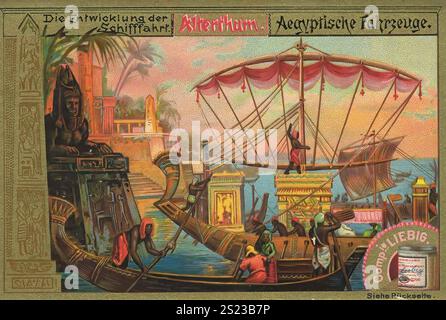 Série d'images le développement de la navigation, navires égyptiens, Liebigbild, reproduction numérique restaurée d'une image de collectionneur d'environ 1900, domaine public, date exacte inconnue, navires égyptiens anciens et figures sur une rivière dans un cadre décoratif, Bilderserie Die Entwicklung der Schifffahrt, Ägyptische Schiffe, restaurierte numérique Reproduktion eines Sammelbildes von CA 1900, gemeinfrei, genaues Datum unbekannt, Antike ägyptische Schiffe und Figuren an Fluskem deahkant in Ruskem Banque D'Images