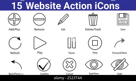 15 icônes d'action de site Web définies Illustration de Vecteur