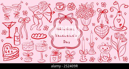 Fantaisiste coquette nourriture et vin fond rouge et rose. Concept la dolce vita. Éléments de conception pour les cartes de voeux Saint-Valentin, mariage Illustration de Vecteur