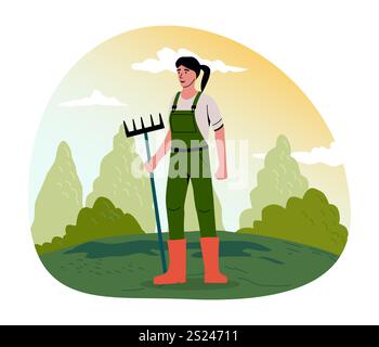 Heureux fermier. Jardinier debout avec un râteau. Ouvriers agricoles cultivant des légumes. Agraire en uniforme. Femme dans le pré. Profession agricole. Horticultu Illustration de Vecteur