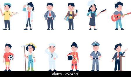 Enfants en uniforme. Les enfants jouent dans les professions, journaliste scientifique homme d'affaires fermier chef peintre ou artiste marin policier. Vecteur récent mignon Illustration de Vecteur