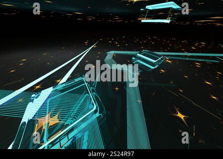 rendu 3d de carte de circuit futuriste avec des chemins incandescents et des surfaces en miroir Banque D'Images