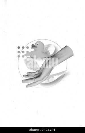 Photo créative 3D collage art poster carte postale de caoutchouc jouet canard nuages ciel main humaine isolée sur fond de peinture Banque D'Images