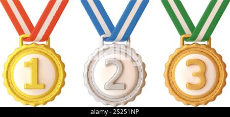 3d places de médaille. Médailles de champion de sport sur le ruban, premier deuxième troisième place gagnant décerner or argent bronze badge championnat meilleur prix trophée de succès, illustration vectorielle jarret illustration originale Illustration de Vecteur