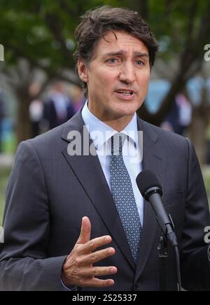 New York, New York, États-Unis. 06 janvier 2025. Le premier ministre canadien JUSTIN TRUDEAU a annoncé sa démission de chef du Parti libéral au pouvoir. Il a dit qu'il resterait premier ministre jusqu'à ce qu'un nouveau chef soit choisi. PHOTO PRISE LE : 25 septembre 2024, New York, New York, États-Unis : le premier ministre canadien Justin Trudeau s'adresse aux membres de la presse lors d'un briefing à l'Assemblée générale des Nations Unies à New York. (Crédit image : © Luiz Rampelotto/ZUMA Press Wire) USAGE ÉDITORIAL SEULEMENT! Non destiné à UN USAGE commercial ! Banque D'Images