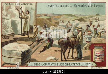 Série d'images trésors de la Terre, carrière de marbre à Carrare, Italie, Liebigbild, reproduction numérisée d'une image de collectionneur datant d'environ 1900, domaine public, date exacte inconnue, ouvriers travaillent sur des blocs de marbre dans une carrière, accompagnés de charrettes d'âne, Bilderserie Schätze der Erde, Marmorbruch à Carrara, Italien, restaurierte numérique Reproduktion eines Sammelbildes von CA 1900, gemeinfrei, genaues Datum unbekannt, Arbearbearbearitem, Marmorblöcke Steinskinsein Eselinem et Stevenin Eselinem Banque D'Images