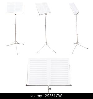 Ensemble de pupitres à musique avec la musique livre blanc isolé sur fond blanc Banque D'Images