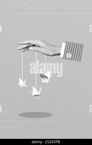 Photo créative maquette de collage 3D affiche carte postale photo humaine faite main tenir oiseaux en papier isolés sur fond de peinture Banque D'Images